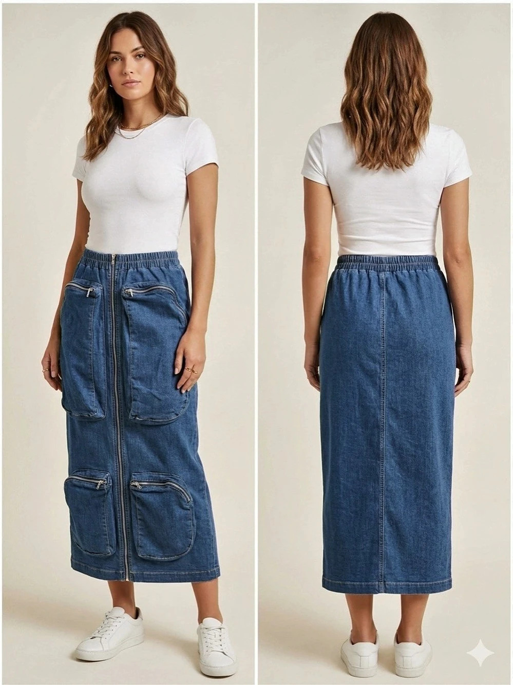 Denim Maxi Skirt with Cargo Pockets in Blue Like New